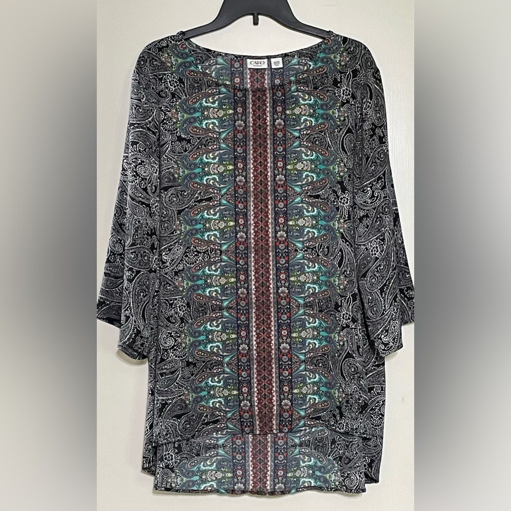 CATO Paisley Black Green Hi-Low Tunic Top Blouse Shirt Women’s Plus Sz 18/20